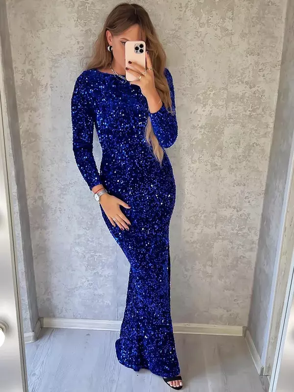 Женское скромное платье-русалка, элегантное облегающее вечернее платье синего цвета с блестками для выпускного вечера и вечевечерние, модель 2023 на зиму