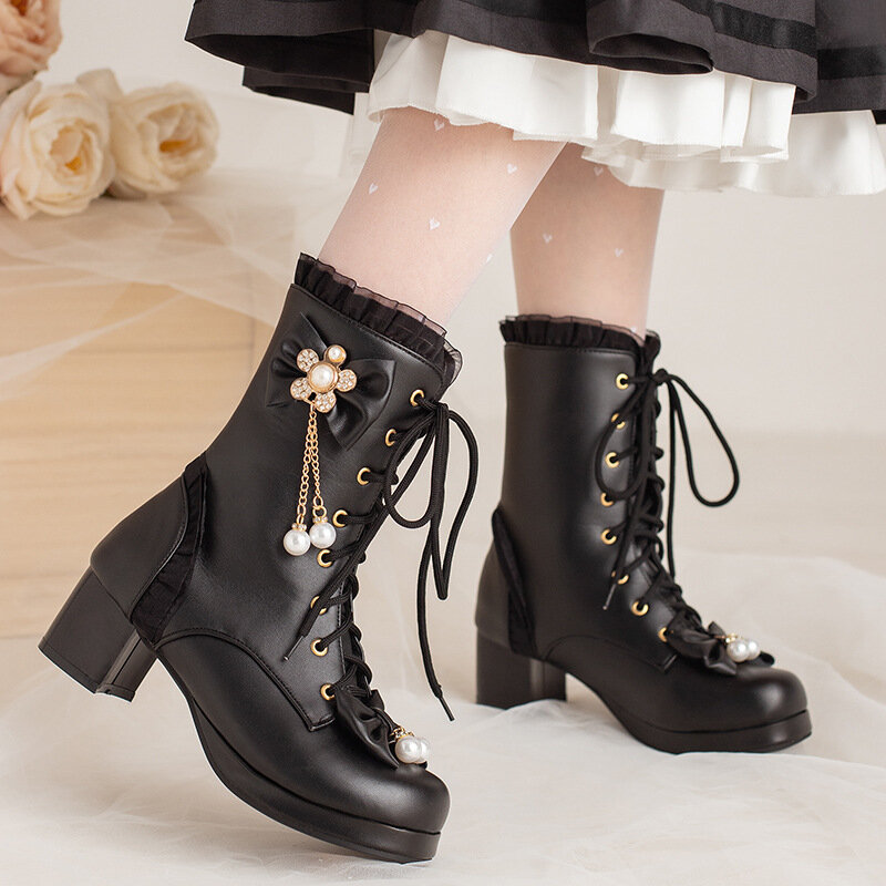 Sepatu Bot Lolita Perempuan Ikatan Simpul Mode Sepatu Bot Tumit Chunky Platform Wanita Ruffle Mutiara Sepatu Pesta Cosplay Putri Anak Perempuan 28-43