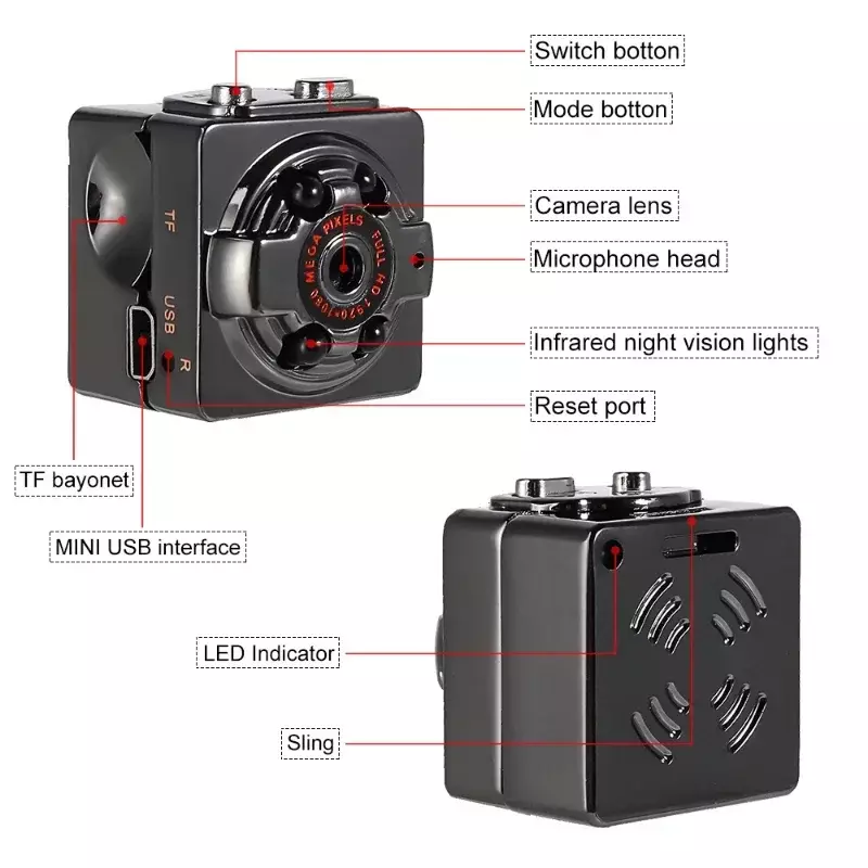 Kamera penglihatan malam, kamera keamanan udara luar ruangan, kamera olahraga Mini Wifi, kamera aksi SQ8 1080P HD inframerah