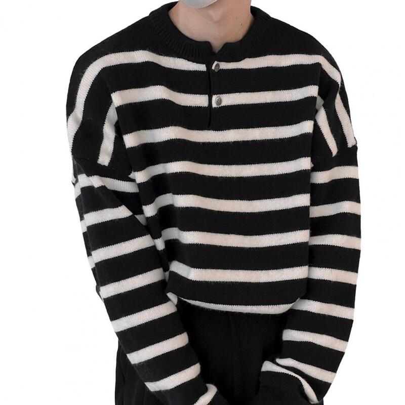 Мужской зимний свитер в полоску, трикотажный пуловер с воротником на пуговицах и круглым вырезом, теплый джемпер с длинным рукавом, уличная одежда