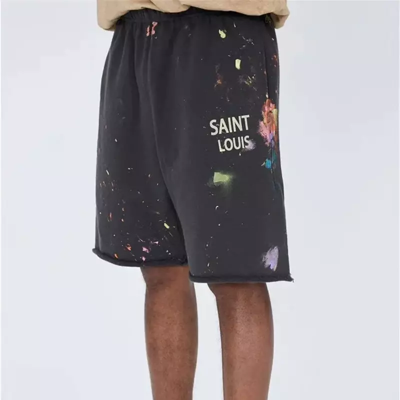SSSaint-pantalones cortos de gran tamaño para hombres y mujeres, 24SS, tinta de salpicadura, Graffiti, SAINT LOUIS, negro, 1:1, mejor calidad