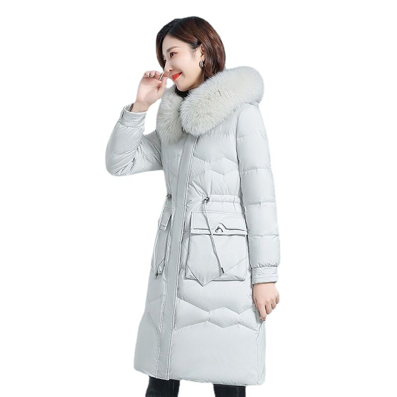 Chaqueta de plumón de pato blanco con capucha para mujer, cuello de piel Real, monocromático, cálido, delgado y grueso, invierno, nuevo