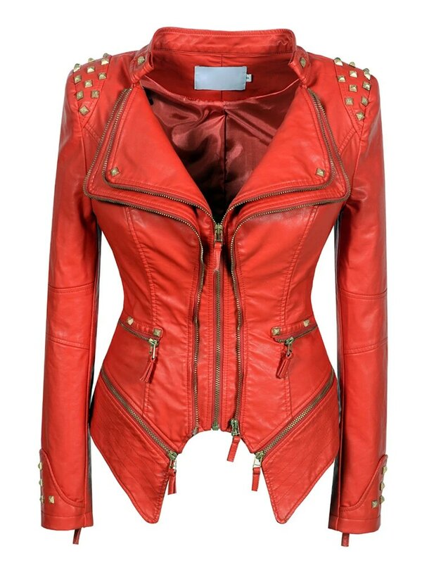 Jaket kulit PU wanita motif ular jaket kulit imitasi mantel merah jaket motor musim gugur musim dingin 2023 mantel pakaian luar pengendara sepeda motor wanita