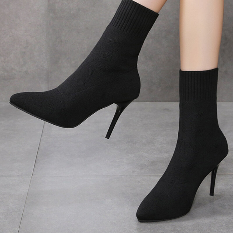 Botas de tacón alto con punta abierta para mujer, botines de calcetín cálidos, talla grande, a la moda, Invierno