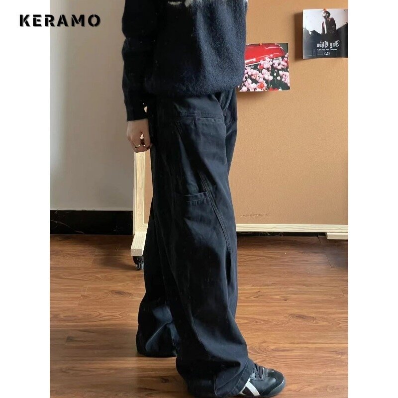 Pantalones vaqueros holgados de pierna ancha para mujer, vaqueros de estilo informal Harajuku Vintage de cintura alta, color azul, Y2K, Punk, 2024