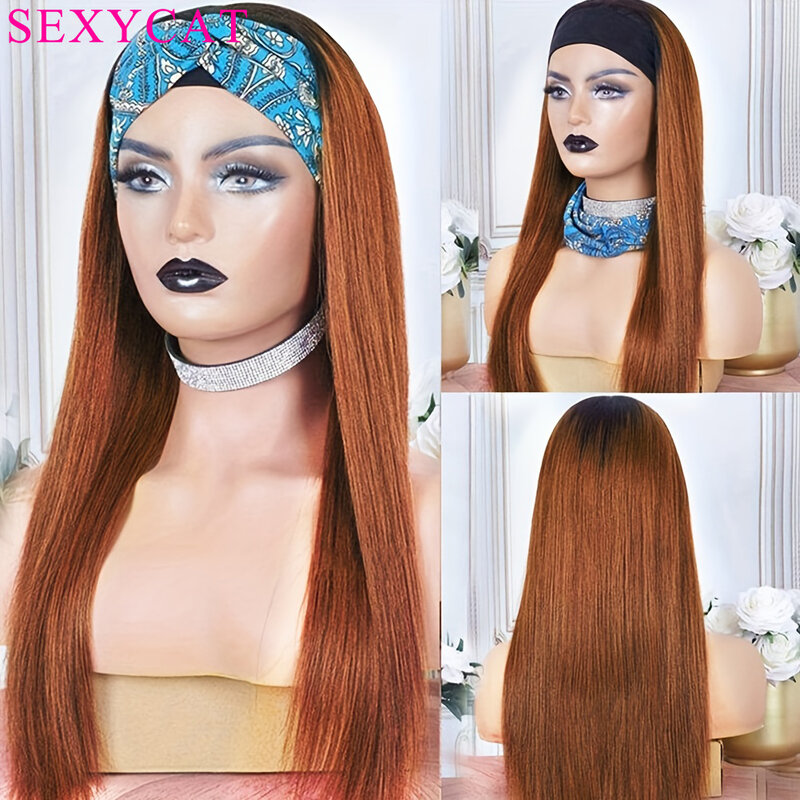 SexyCat Highlight Headband Wigs Human Hair for Black Women 1B/30 Straight Headband Brazilian Wigs Glueless None Lace Front Wigs
