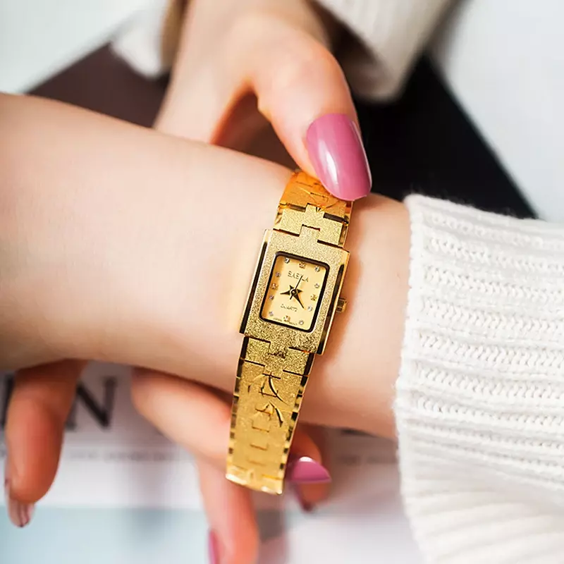 Relógio de ouro 18k impermeável para mulheres, mostrador quadrado, padrão retro, movimento japonês, pequeno e elegante, novo, 2024