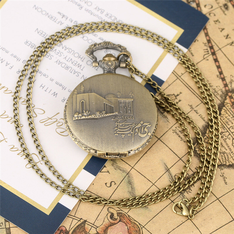Bronze Hochschule Architektur Gebäude Muster Unisex Taschenuhr Arabisch Anzahl Quarz Bewegung Uhr mit Halskette Kette Geschenk
