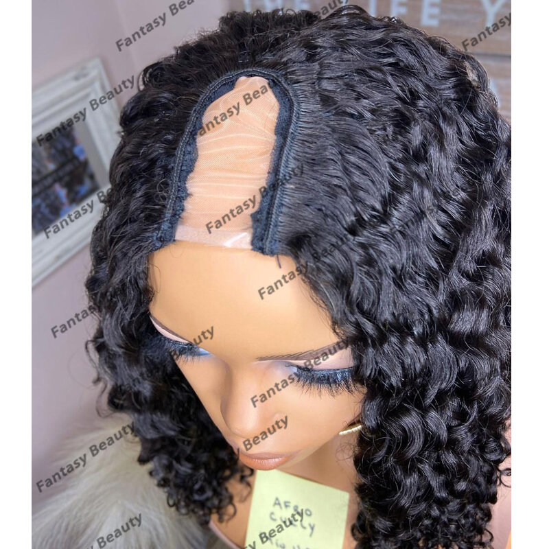 Kruczoczarny kręcone ludzkie włosy na wodę 1x4 środkowe peruki dla czarnych kobiet bezklejowe pełne urządzenie o 200 gęstości, otwierane