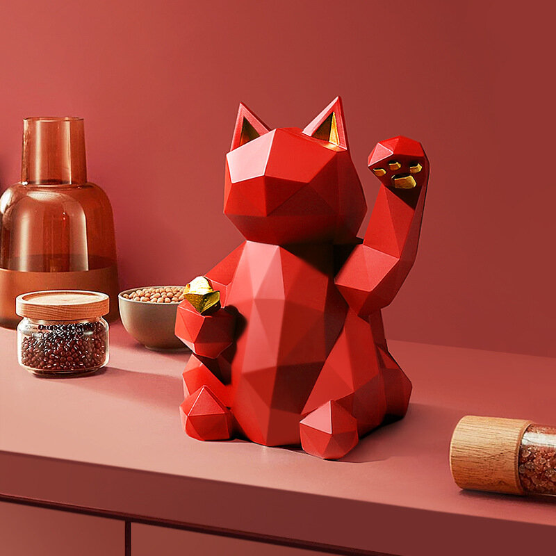 Lucky Cat Statue Animal Figurine Abstract Geometric Style Resin Sculpture Modern Home Office Bar Feng Shui Decor Ornament Gift