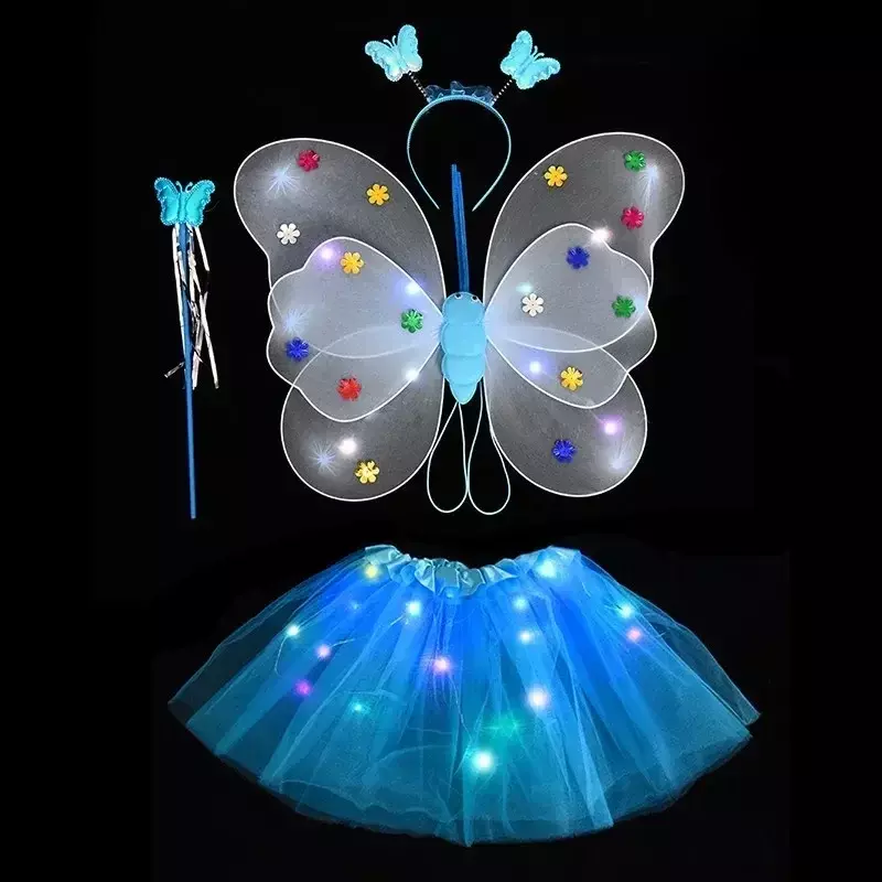 Traje de luces LED para niñas, falda de mariposa intermitente, alas luminosas de Ángel, accesorios de disfraz, vestido de princesa, 2-6 años