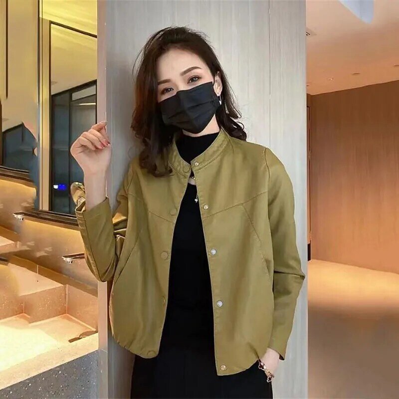 New 2024 Spring pu fake leather jacket Thin leather jacket Motorcycle pi Women's coat top Streetwear