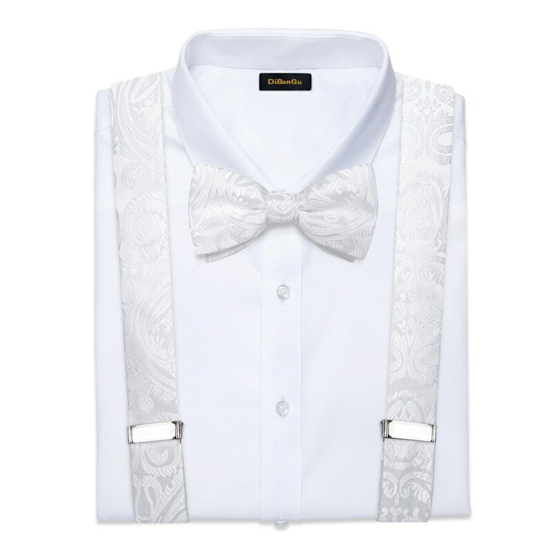 الفاخرة الأبيض الحرير الرجال الحمالات تعديل 6 مقاطع الأقواس DiBanGu الجلود المعادن قبل تعادل ربطة القوس Brooch بروش جيب مربع مجموعة