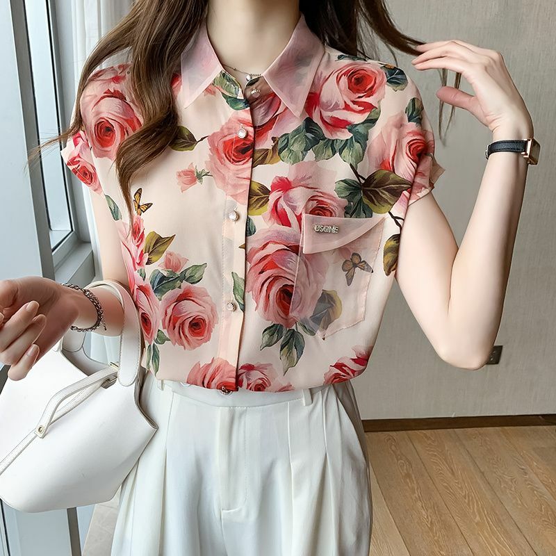 Nadruk w stylu Vintage klapy z szyfonowe kwiatowe koszule odzieżą damską 2024 letnie nowe luźne topy w koreańskim stylu bluzki biurowe