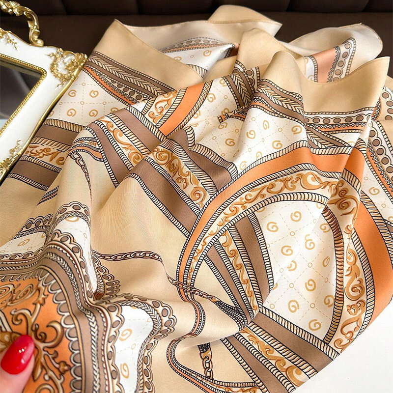 2024 New Print Silk Satin Muslim Scarf Luxury 90cm Shawl Wrap Neckerchief Female Wraps Echarpe  Bandana Hijab Head Scarve Gift