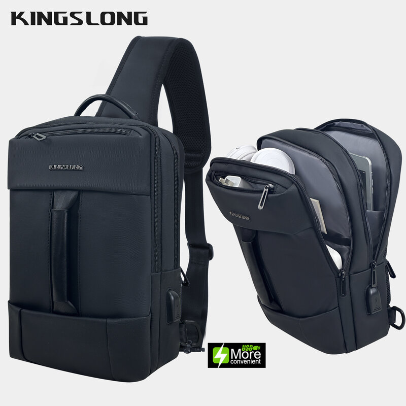 KINGSLONG-Sac de poitrine multifonctionnel pour homme, sac de sport décontracté, sac à bandoulière étanche, sac initié avec port USB, mode
