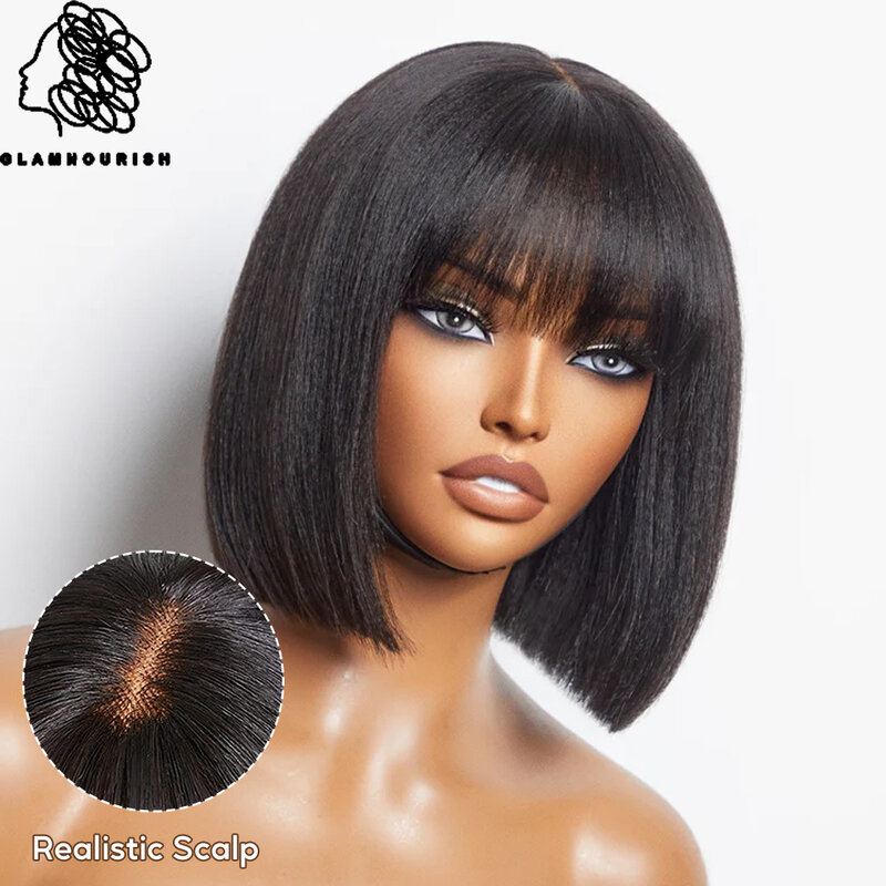 Pelucas Bob cortas y rectas con flequillo para mujeres negras, aspecto realista, cuero cabelludo falso, sin pegamento, cabello humano virgen 100% brasileño