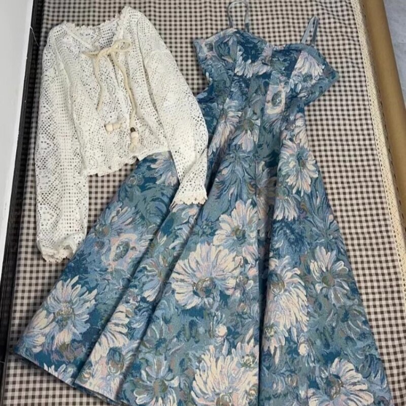 Vestido de camisola e cardigã oco para mulheres, grande pintura a óleo francesa floral, conjunto casual de duas peças menina, férias