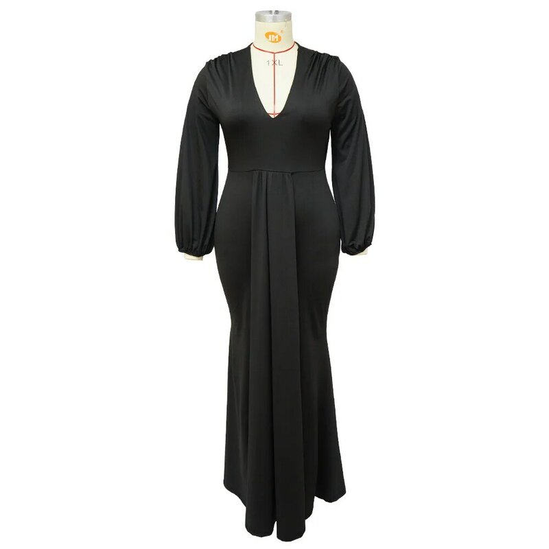 Plus Size elegancka długa sukienka na przyjęcie dekolt w szpic z długim rękawem plisowana na całej długości oversize przedsionka wieczorowa odzież damska 2023