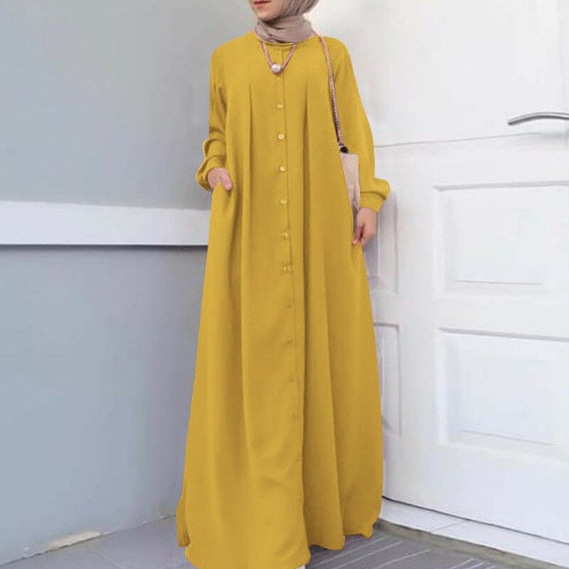Womens Moslim Abaya Dubai Knopen Lange Mouw Tuniek Maxi Shirt Jurk Y 2K Ins Kleding
