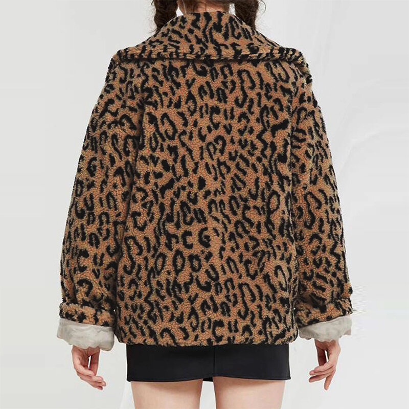 Abrigo de piel de leopardo para mujer, chaqueta de piel sintética con solapa, ropa de trabajo de oficina para mujer, prendas de vestir exteriores de manga larga, otoño e invierno, 2023