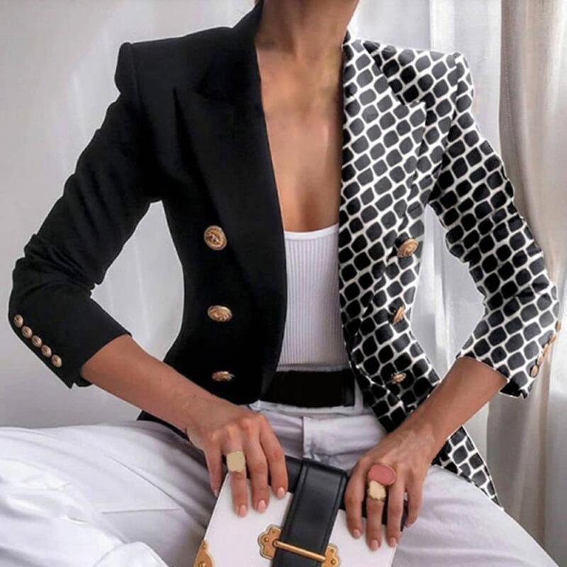 Women Autumn Winter Lapel Long Sleeve Blazer Color Matching Printing Double Breasted Buttons Cuffs Slim Fit Short Suit Coat