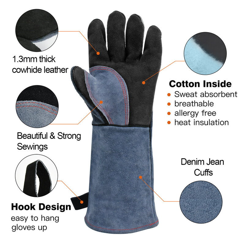 HZXVOGEN Welding Gloves For Welder works with Blue Palm Welders Thick Cow Split Leather Kitchen Stove Heat Puncture Resistant