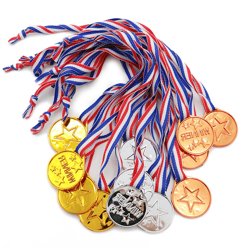 10 шт., детские пластиковые золотые медали с лентой