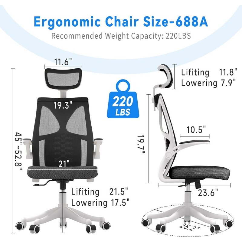 SICHY AGE 인체 공학적 사무실 의자, 컴퓨터 메쉬 의자, 머리 받침대 및 높이 조절 가능, 높은 등받이가 있는 홈 오피스 책상 의자