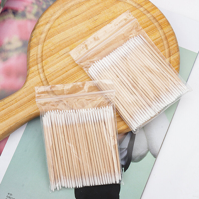 使い捨ての超小型ダブルヘッド綿毛ブラシ,100個セット,糸くずの出ない,マイクロブラシ,木製のつけまつげ,ツールの削除