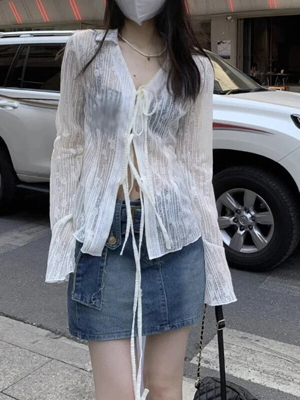ใหม่เสื้อผ้ากันแดดผ้าชีฟองมีเชือกผูกเซ็กซี่สำหรับผู้หญิงเสื้อคาร์ดิแกนแขนยาวผ้าแจ็คการ์ดกลวง MODE Korea ฤดูร้อน