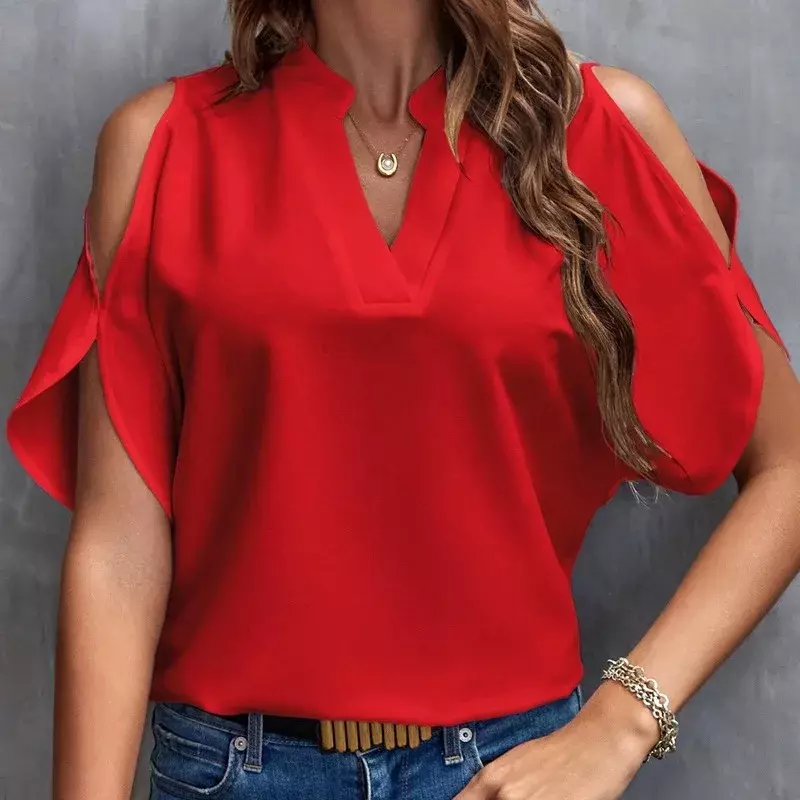 Street women's clothing 2024 summer new solid color V-neck temperament fashion off shoulder sleeve women's top  YBF48-3