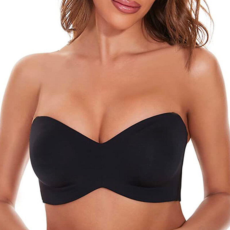 Full Support Non-Slip Convertible Bandeau Bra Strapless Push up Plus Size Seamless Bra Underwire Convertible Smoothing Unpadded
