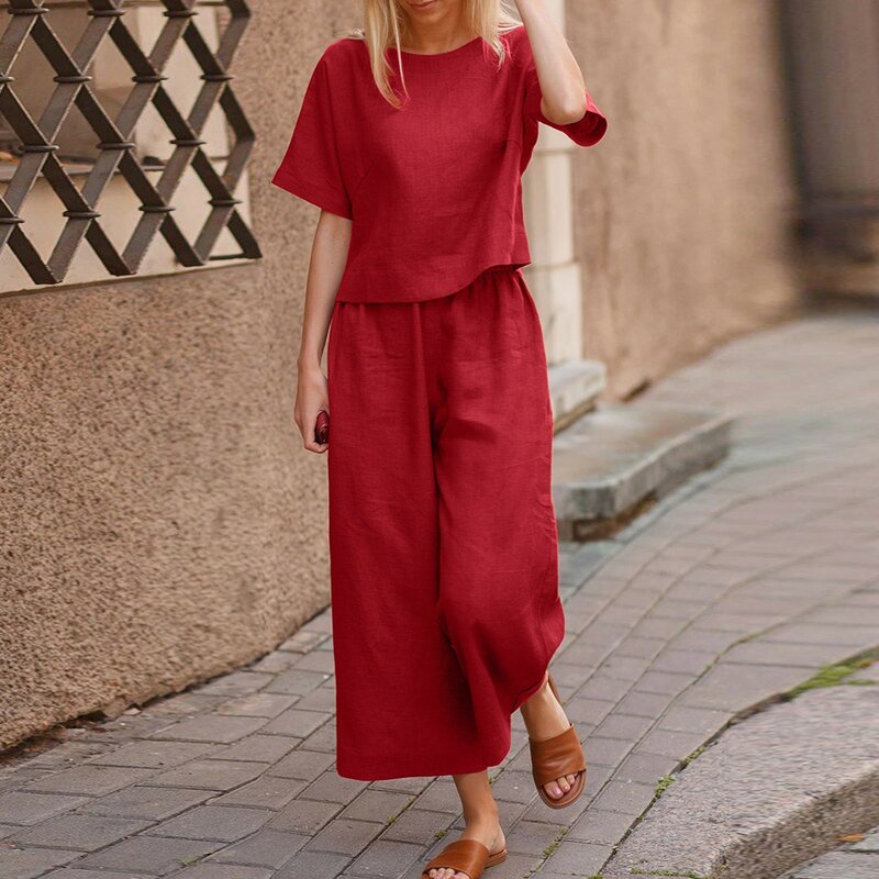 Women Cotton Linen Suit Fashion Comfortable Short Sleeve And Long Pants Solid Color Casual Loose oversized Summer Sets Dress Top