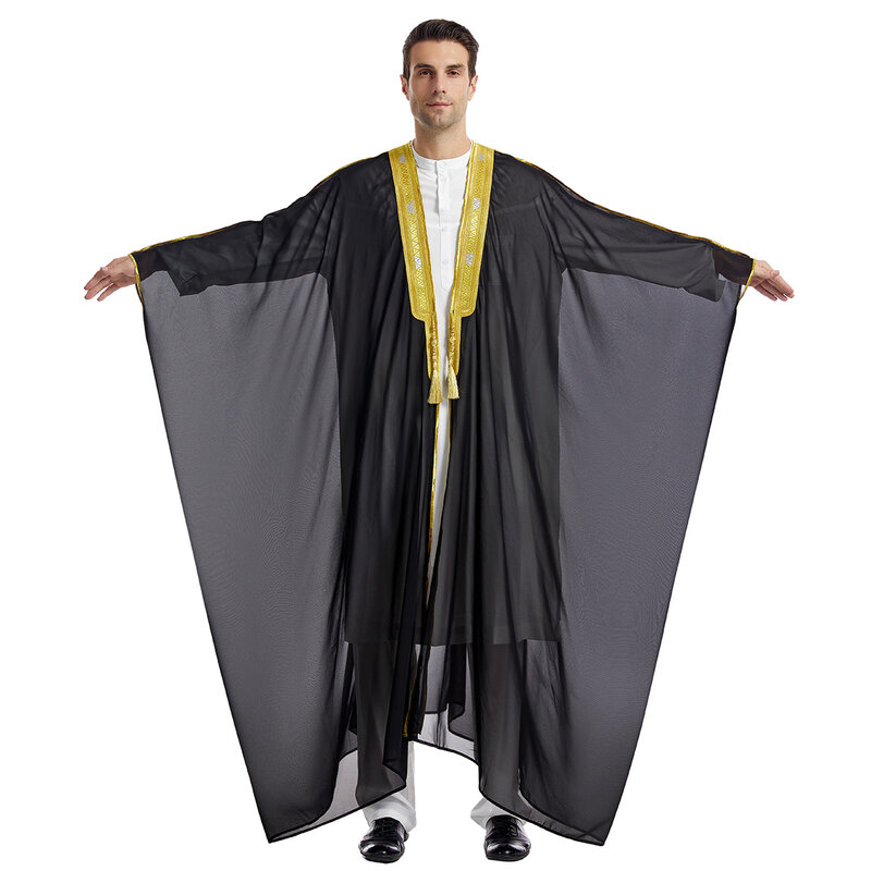Muslim Jubba Thobe bordir sifon lengan panjang pakaian luar Jubba untuk pria Muslim Abaya Kimono jubah panjang Saudi Kaftan Dubai Arab