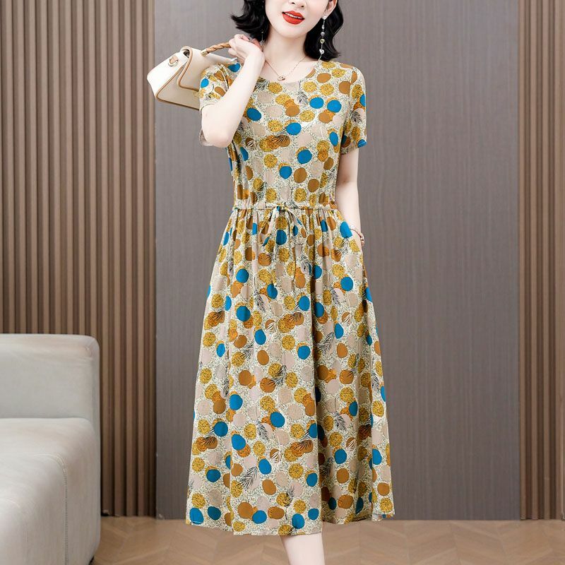Moda O-Neck kieszenie z nadrukiem marszczenie bandażowa sukienka w stylu vintage odzież damska 2024 letnia nowa luźna biurowa, damska sukienka w kwiaty