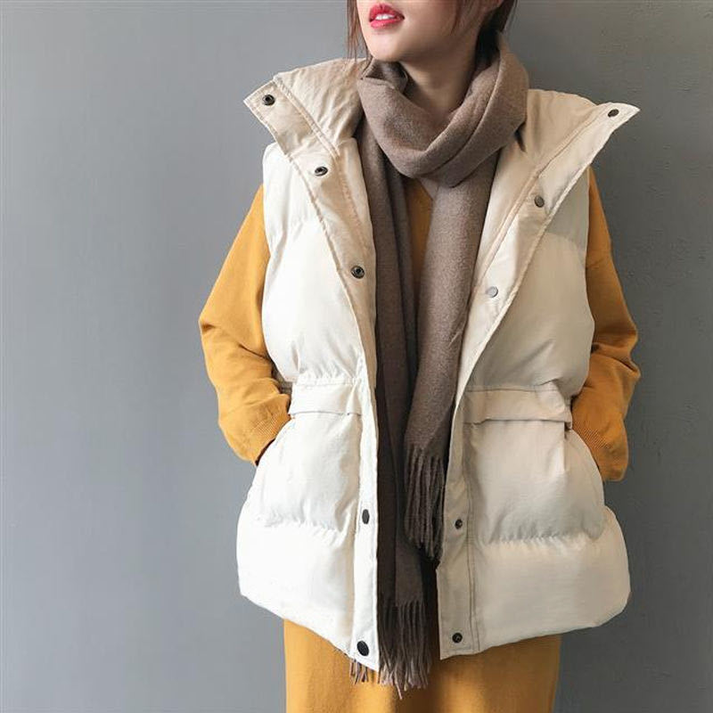 Casaco de colete curto coreano feminino, casaco monocromático, com zíper, solto, de peito único, regular, grosso, sem mangas, quente, inverno