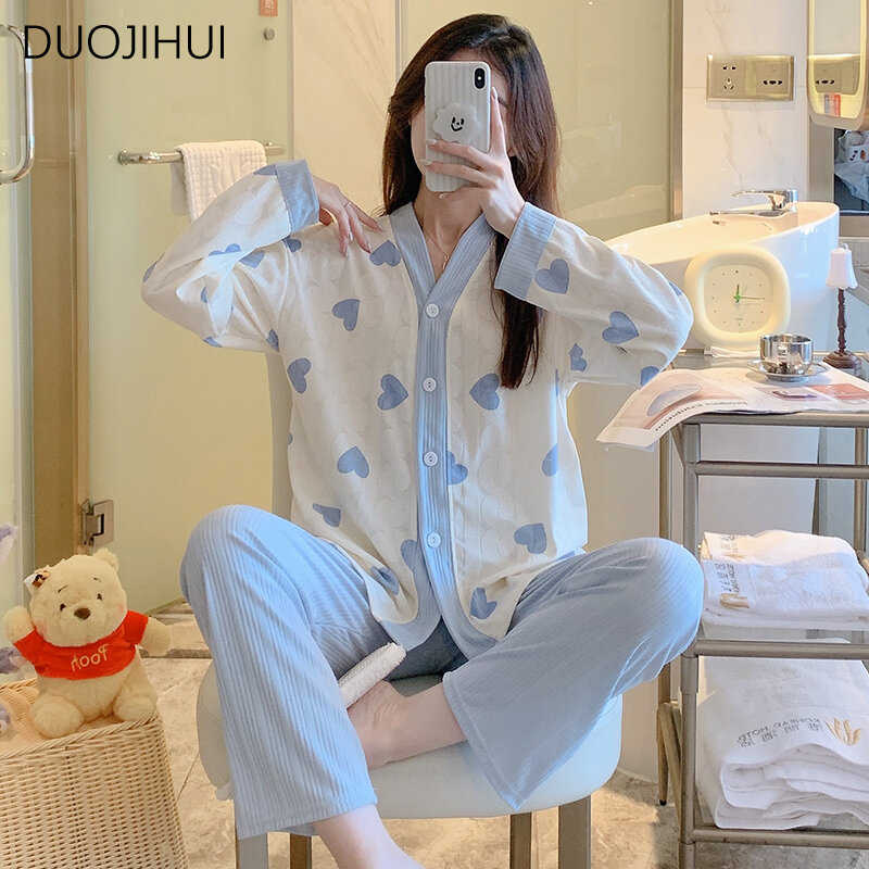 DUOJIHUI-Conjunto de pijama de dos piezas para mujer, cárdigan con cuello en V, pantalón suelto básico, informal, a la moda, para el hogar, otoño