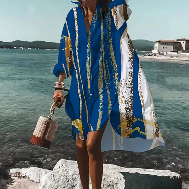 Abito autunnale 2024 nuova moda per il tempo libero grazia stampata risvolto manica lunga partito allentato spiaggia donna camicia abiti MsChuh