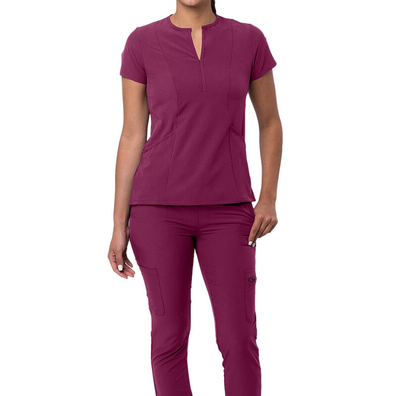 Customized Scrub Set for Women V-Neck Scrub Top Skinny Cargo Scrub Pants Nursing Medical Uniform Workwear