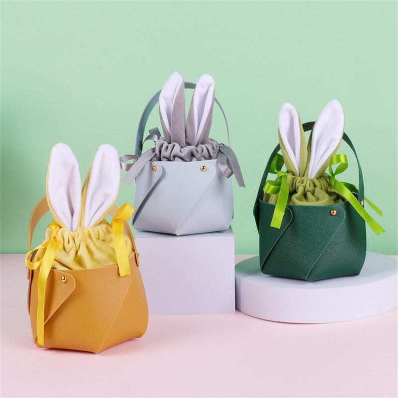 2023 Easter Gift Wrapping Bunny Tote Rabbit Ears Basket Split Leather Portable Party Gift Box Packaging Colorful Egg Box Candy