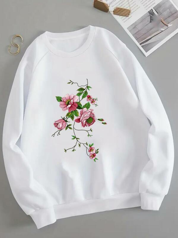 Flower Style Trend 90s Long Sleeve O-neck Clothing Female Women Fleece Print Pullovers Fashion Graphic Sweatshirts