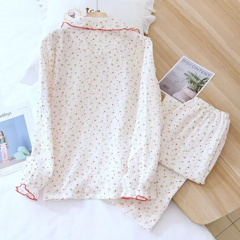 New spring and autumn ladies small floral cotton crepe pajamas set long-sleeved trousers lapel home service two-piece set women