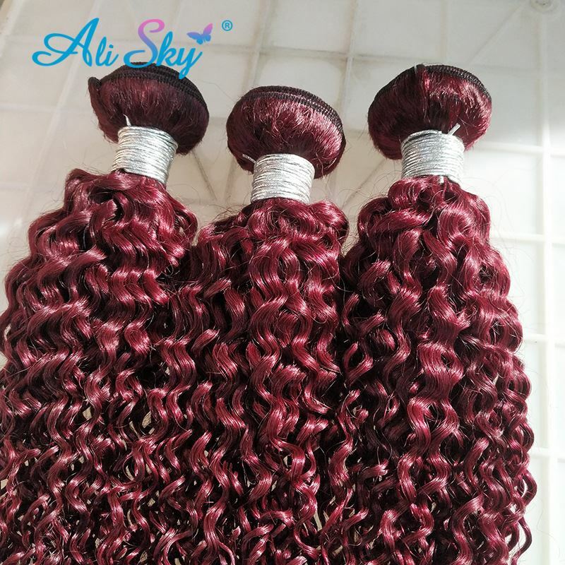 Jerry rambut manusia keriting bundel anggur merah rambut Virgin Brasil 100% rambut keriting tanpa proses sebelum dipetik Burgundy 99J 1/3/4 bundel