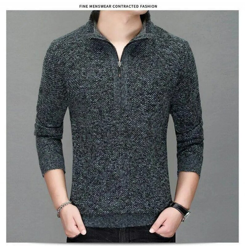 2023 jesienno-zimowy męski jednolity kolor pół sweter z zamkiem błyskawicznym kardigan płaszcz pluszowy pogrubiony koszula z dzianiny Casual Slim dopasowany sweter