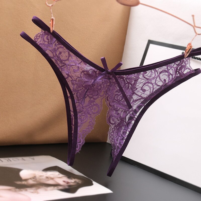 Culotte sexy en dentelle avec ouverture à l'entrejambe pour femme, string transparent, sous-vêtement avec nœud papillon, couleur unie