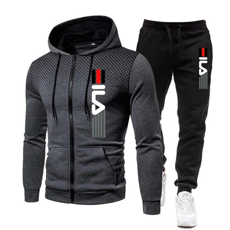 Spring and winter men's zipper hoodie, casual sweatpants, fashion gym activewear set, running wear two-piece set