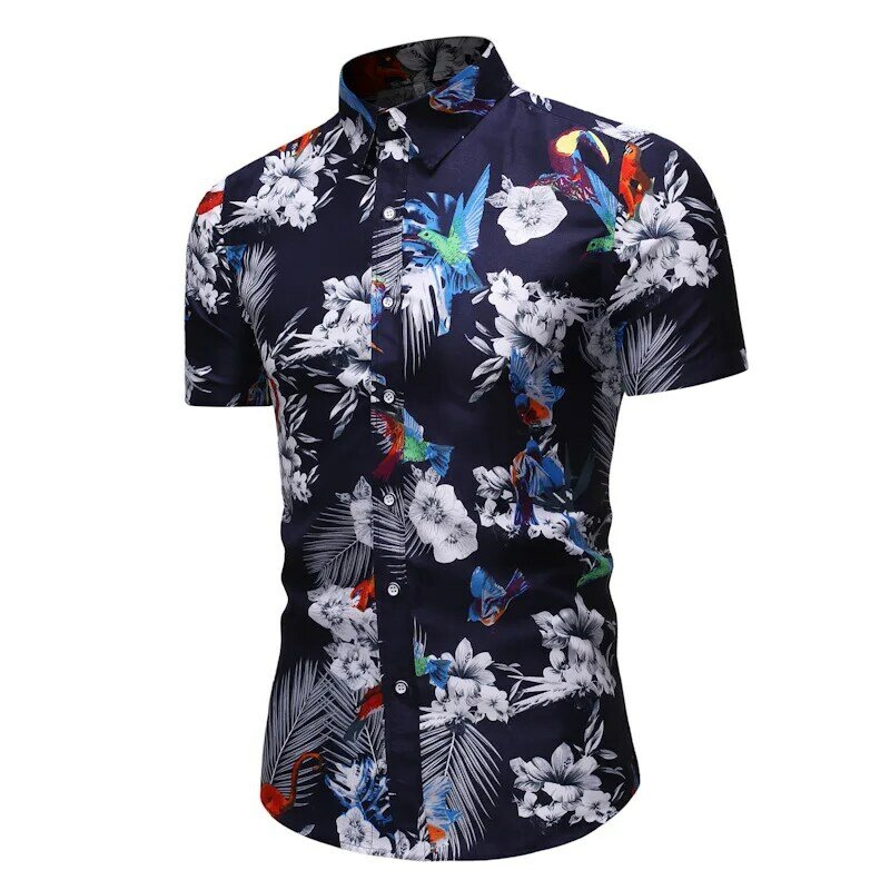 Camisa estampada tamanho grande masculina, camisa floral para lazer praia, lapela fina de manga curta, senso de design da moda, tops sem engomar, verão