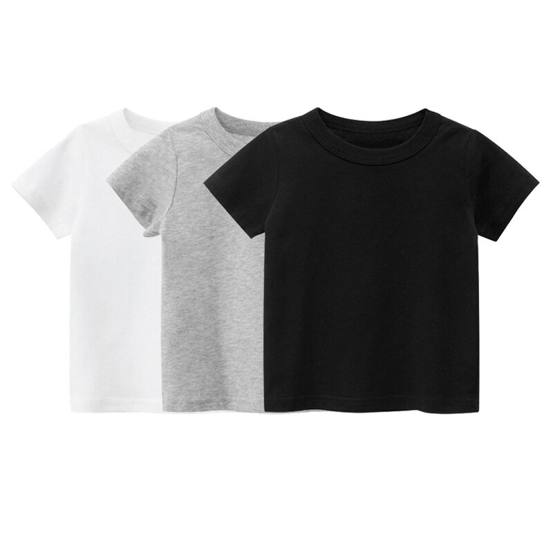 Camiseta de algodão de manga curta para menino e menina, branco, cor sólida, simples, roupas infantis, verão