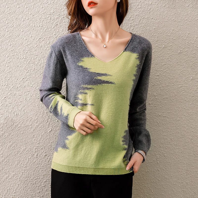 Fall Winter Women Korean Contrast Color V Neck Casual Knitted Sweater Simple Long Sleeve Street Loose Pullover Top Female Jumper